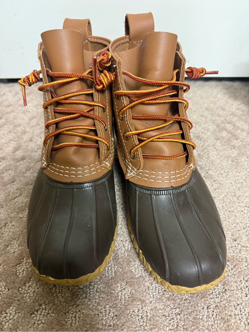 L.L. Bean Two-Tone Leather and Rubber Duck Boots in Tan and Dark Brown